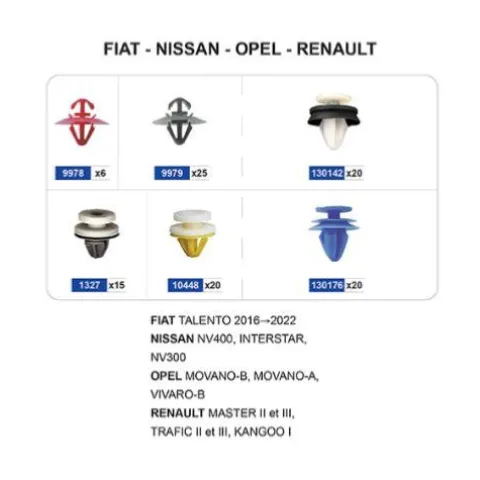 Coffret de 106 assortiments d'agrafes de moulures pour FIAT, NISSAN, OPEL, RENAULT, Neuf